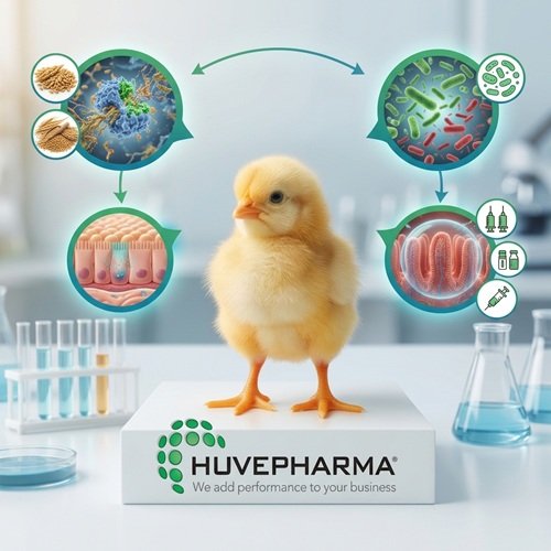 Tecnologías Huvepharma para apoyar la salud intestinal en aves.